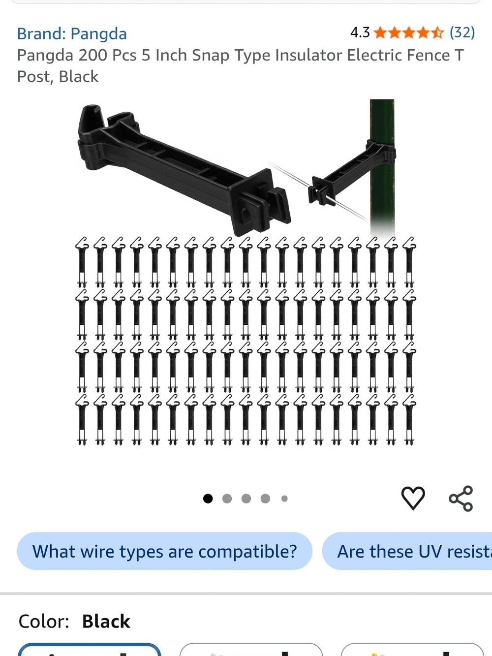Black Snap-Type Electric Fence Insulator - Pack